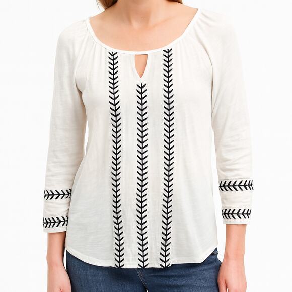 American Eagle Top Womens Medium Embroidered Peasant Keyhole White Long Sleeve - Picture 1 of 11